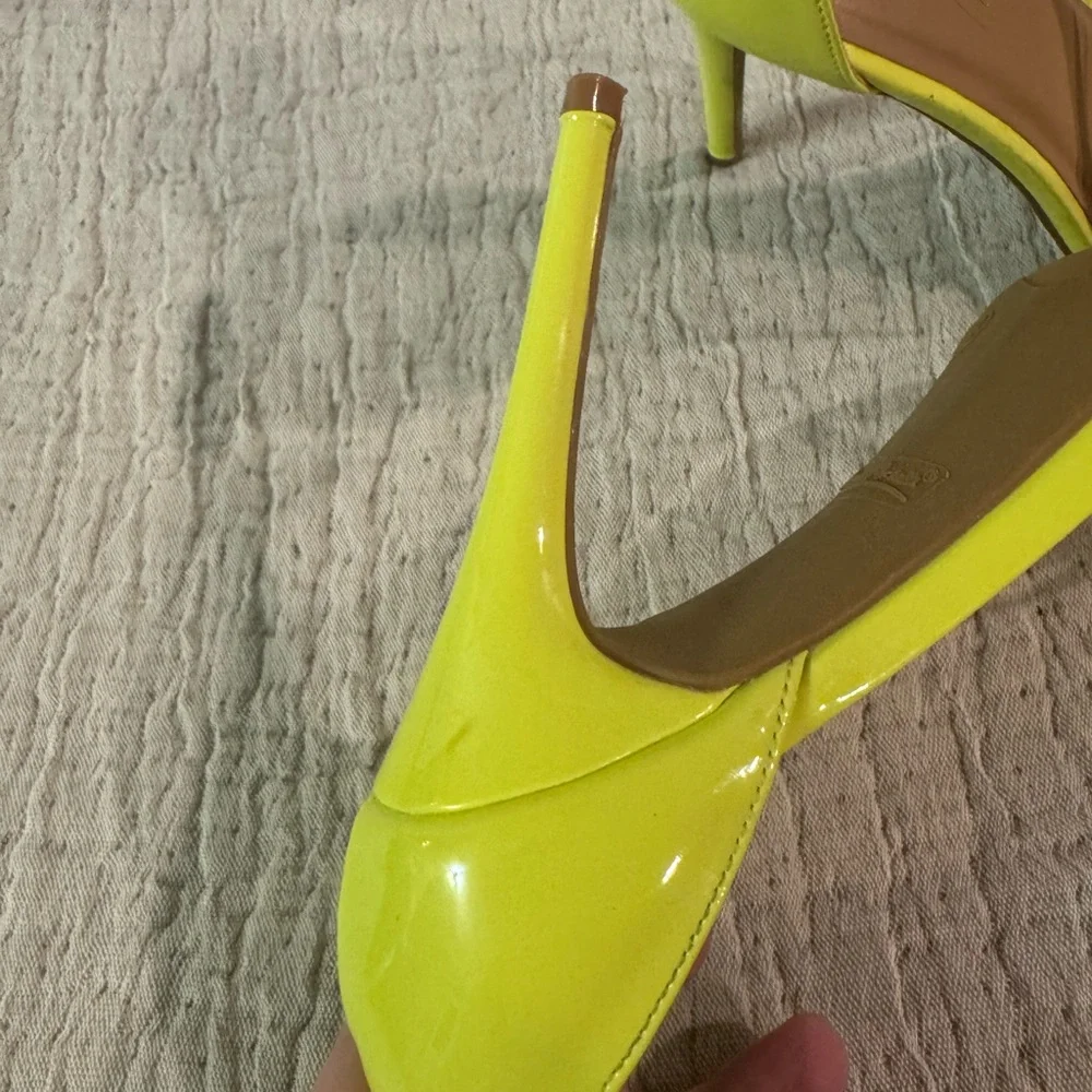 Anne Michelle Bright Yellow Patent Open-Toe Stiletto Sandals